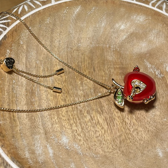 Betsey Johnson Gold Tone Back To School Red Apple Worm Locket Pendant Necklace - Picture 4 of 16